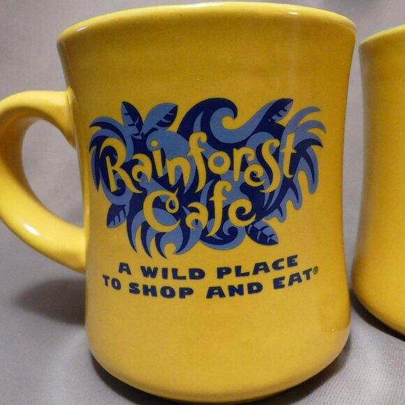 Rainforest Cafe A Wild Place to Shop and Eat Yellow and Blue 2 Coffee Mugs Heavy - Picture 3 of 12
